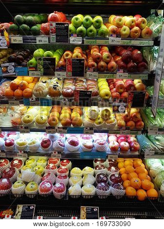 CHIANG RAI THAILAND - FEBRUARY 2 : various fruits sold on shelf in supermarket at Central Plaza on February 2 2017 in Chiang rai Thailand.