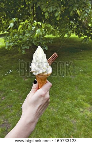 Womans hand holding soft serve ice cream