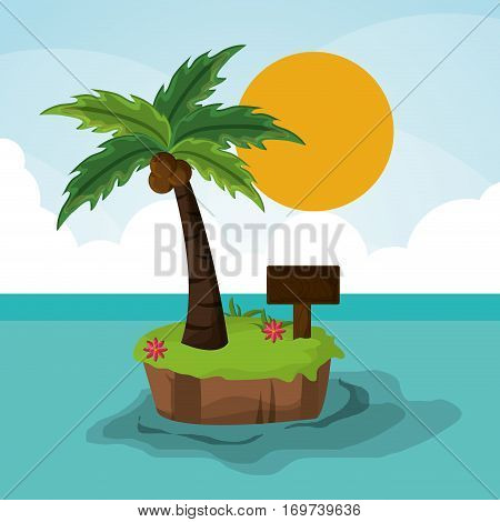 island paradisiac palm sun wooden board vector illustration eps 10