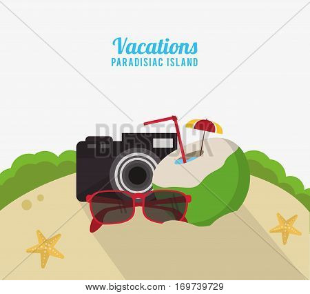 vacations paradisiac island beach coconut cocktail camera and sunglasses vector illustration eps 10