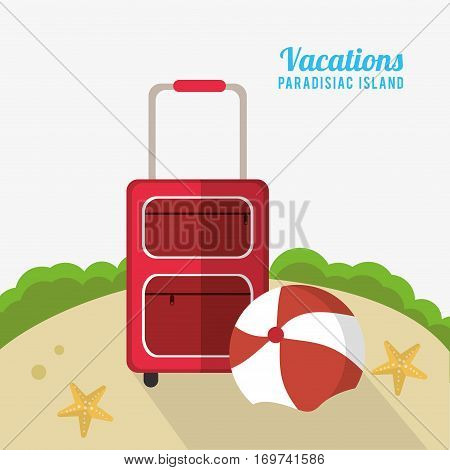 suitcase beach ball starfish sand vacations paradisiac island vector illustration eps 10
