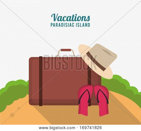 vacations paradisiac island with suitcase hat flip flop sand vector illustration eps 10