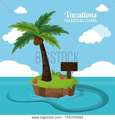 vacations paradisiac island palm coconut flower and wooden board vector illustration eps 10