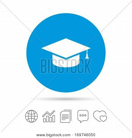 Graduation cap sign icon. Higher education symbol. Copy files, chat speech bubble and chart web icons. Vector