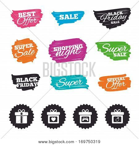 Ink brush sale banners and stripes. Gift box sign icons. Present with bow and ribbons symbols. Engagement ring sign. Video game joystick. Special offer. Ink stroke. Vector