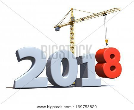 New 2018 year construction background with tower crane setting down red eight figure. 3D rendering.