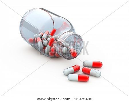 Vaso con pillole, illustrazione rendering 3d