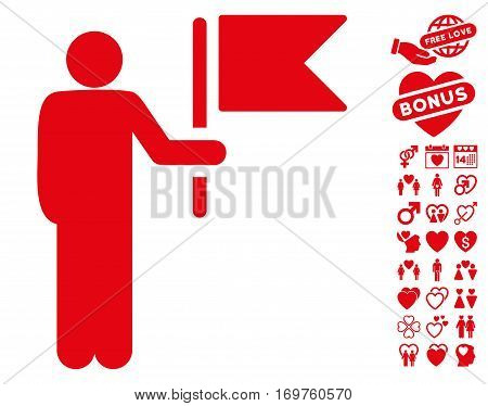 Commander With Flag pictograph with bonus dating graphic icons. Vector illustration style is flat iconic red symbols on white background.