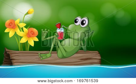 Cute frog drinking juice on the log illustration