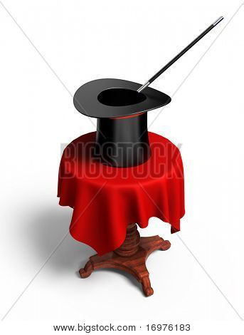 Cappello magico sulla tavola rotonda con la bacchetta magica