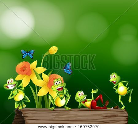 Four frogs standing on wooden log illustration