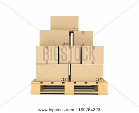 3d rendering of several carton boxes stacked evenly on a double-decked pallet on white background. Packaging and delivery. Cargo services. Loading goods.