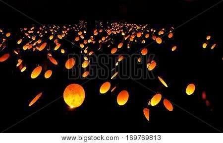 Many Japanese Bamboo Lanterns Glowing At Night