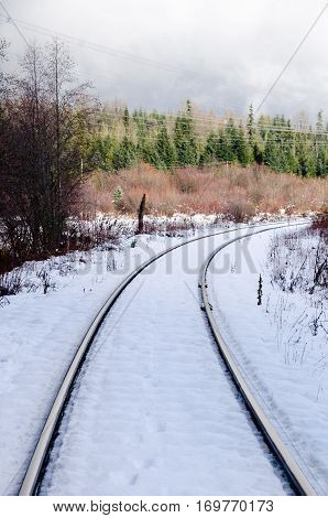 Snow Covered Railroad Tracks Near Whistler, Bc In Canada