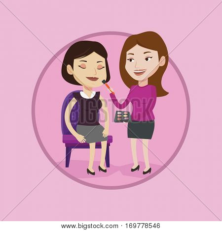 Visagiste applying makeup on woman face. Visagiste doing makeup to young girl. Visagiste doing makeup to a model using a brush. Vector flat design illustration in the circle isolated on background.
