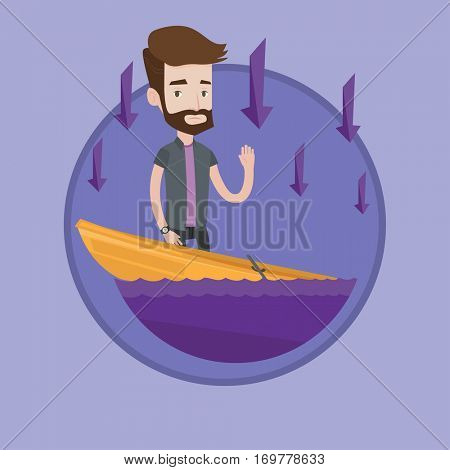 Businessman bankrupt standing in a sinking boat. Hipster businessman sinking and arrows going down symbolizing business bankruptcy. Vector flat design illustration in the circle isolated on background