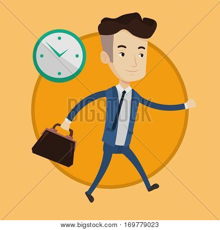 Busy caucasian businessman running on the background with clock. Busy businessman in a hurry. Concept of deadline and busy time. Vector flat design illustration in the circle isolated on background.