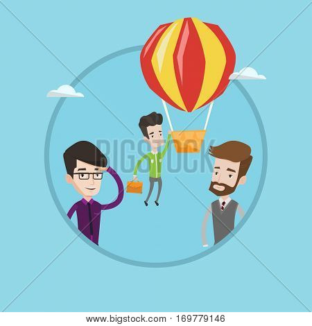 Two employees looking at their successful colleague. Hardworking employee flying away in balloon from less successful colleagues. Vector flat design illustration in the circle isolated on background.