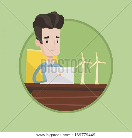 Engineer projecting wind turbines in his office. Engineer working with models of wind turbines. Green renewable energy concept. Vector flat design illustration in the circle isolated on background.