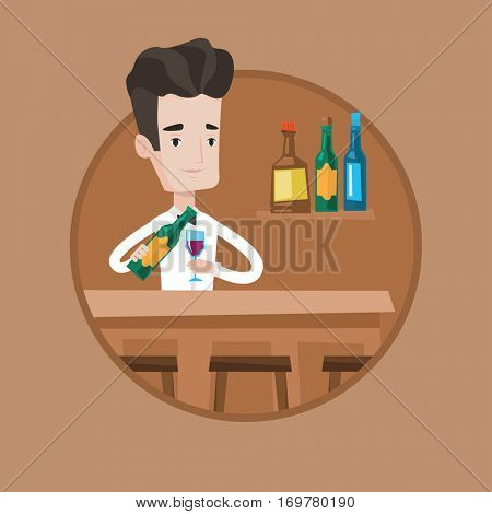 Caucasian bartender with bottle of wine and glass standing at the bar counter. Bartender at work. Bartender pouring wine in glass. Vector flat design illustration in the circle isolated on background.