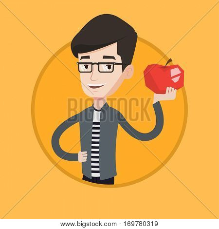 Young happy man holding an apple in hand. Cheerful man eating an apple. Smiling caucasian man enjoying fresh healthy red apple. Vector flat design illustration in the circle isolated on background.