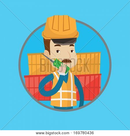 Port worker talking on wireless radio. Port worker standing on cargo containers background. Port worker using wireless radio. Vector flat design illustration in the circle isolated on background.