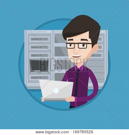 Caucasian engineer with laptop working in network server room. Young smiling network engineer using laptop in server room. Vector flat design illustration in the circle isolated on background.