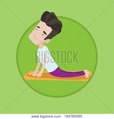 Young peaceful man practicing yoga upward dog pose. Caucasian man meditating in yoga upward dog position. Man doing yoga on mat. Vector flat design illustration in the circle isolated on background.