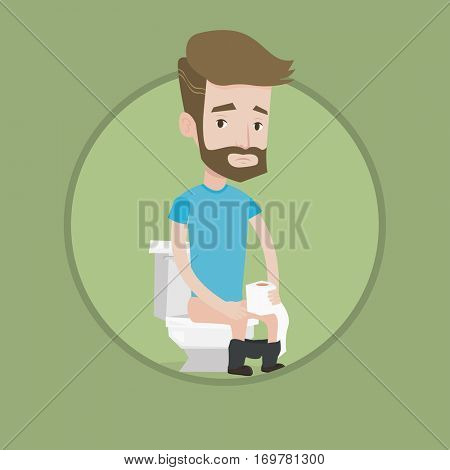 Young caucasian man sitting on toilet bowl with toilet paper roll and suffering from diarrhea. Hipster man sick with diarrhea. Vector flat design illustration in the circle isolated on background.