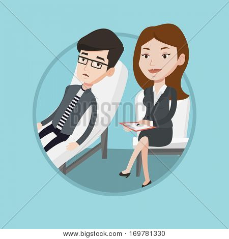 Caucasian patient talking about problems with psychotherapist or psychologist. Psychologist having session with depressed patient. Vector flat design illustration in the circle isolated on background.