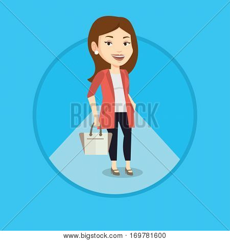 Woman posing on fashion event. Female model walking along catwalk during fashion week. Woman on catwalk during fashion show. Vector flat design illustration in the circle isolated on background.