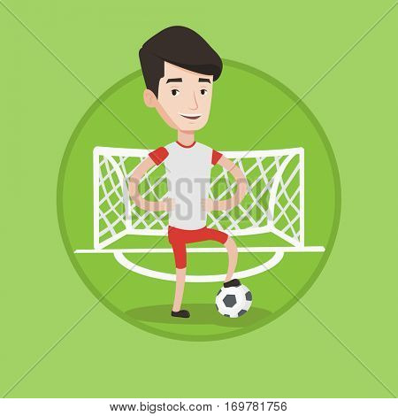 Young sportsman standing with football ball on the backgrounf of gate. Football player standing with a football ball on the field. Vector flat design illustration in the circle isolated on background.