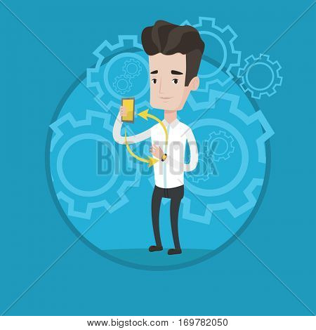 Young caucasian man showing his smartphone and smart watch. Concept of synchronization between smartwatch and smartphone. Vector flat design illustration in the circle isolated on background.