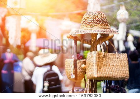 close up handmade ratten from bamboo wood on standing outdoor market for tourism
