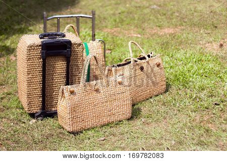 close up handmade ratten from bamboo wood on green grass outdoor market for tourism