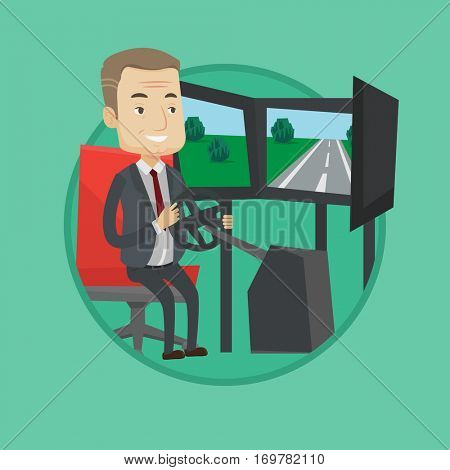 Man in a suit playing video game with gaming wheel. Man driving autosimulator in game room. Man playing car racing video game. Vector flat design illustration in the circle isolated on background.