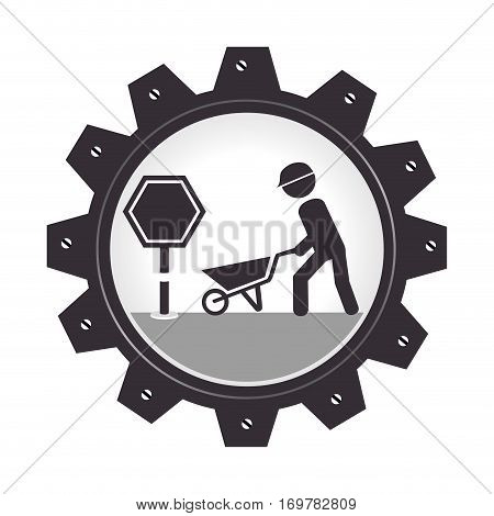 monochrome gear wheel with man and wheelbarrow vector illustration