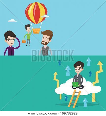 Two business banners with space for text. Vector flat design. Horizontal layout. Two employees looking at their successful colleague. Worker flying away in balloon from his less successful colleagues.