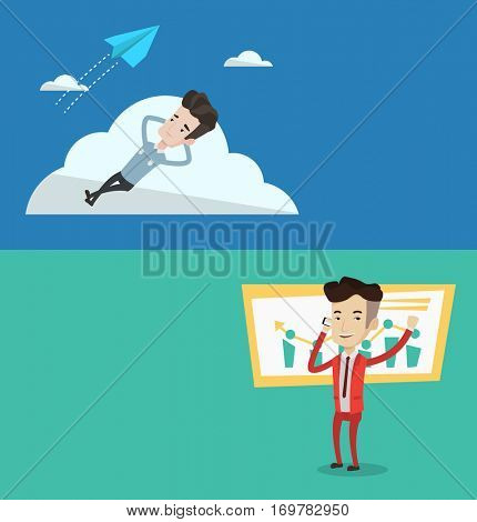 Two business banners with space for text. Vector flat design. Horizontal layout. Young businessman lying on a cloud and looking at flying paper plane. Business man relaxing on a cloud.