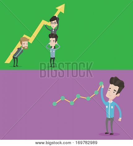Two business banners with space for text. Vector flat design. Horizontal layout. Businessman looking at chart going up. Businessman lifting a chart. Man pulling up a chart. Business growth concept.