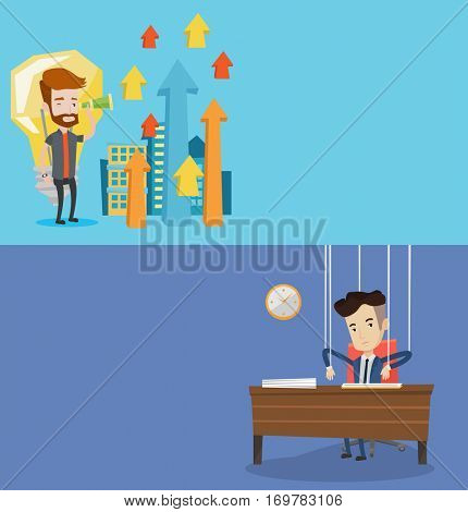 Two business banners with space for text. Vector flat design. Horizontal layout. Businessman marionette hanging on strings like a puppet. Businessman marionette on ropes sitting at the table in office