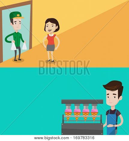 Two industrial banners with space for text. Vector flat design. Horizontal layout. Worker of ice cream manufacture. Worker of factory producing ice-cream. Man working on production line of ice cream.