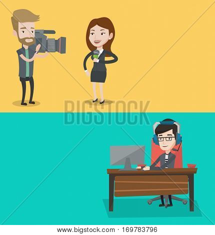 Two media banners with space for text. Vector flat design. Horizontal layout. Professional female news correspondent with microphone presenting the news. Young operator filming news correspondent.