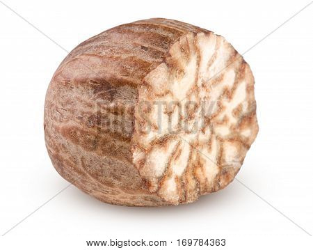 one grated nutmeg isolated on white background macro.
