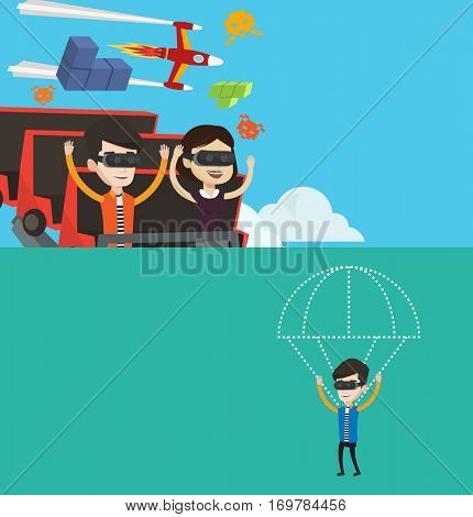 Two technology banners with space for text. Vector flat design. Horizontal layout. Couple in vr headset riding on roller coaster. Man and woman in vr glasses having fun in virtual amusement park.