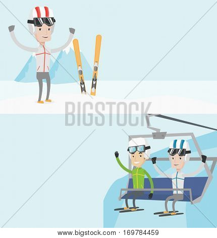 Two sport banners with space for text. Vector flat design. Horizontal layout. Two happy men sitting on ski elevator in mountains. Skiers using cableway at ski resort. Skiers on cableway in mountains.