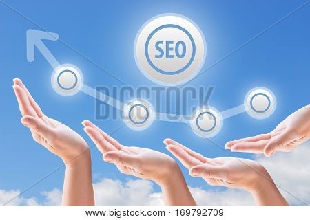 hands support the growth and promotion seo on the background of sky and clouds
