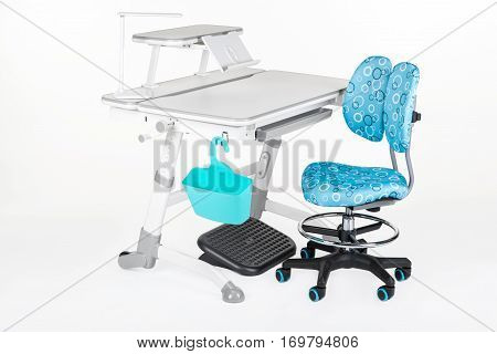 gray school desk and chair are blue on a white background isolated