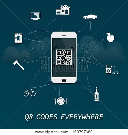 QR Codes everywhere - quick response codes business infographic template with mobile phone in the center