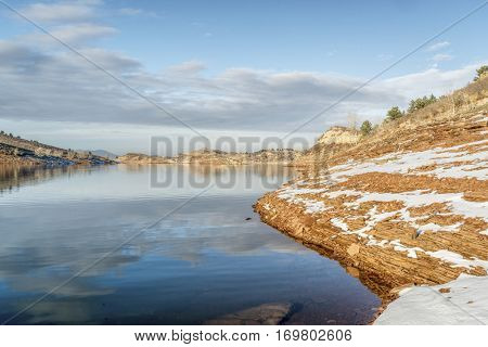 lake in winter scenery at Colorado foothills - Horsetooth Reservoir near Fort Collins
